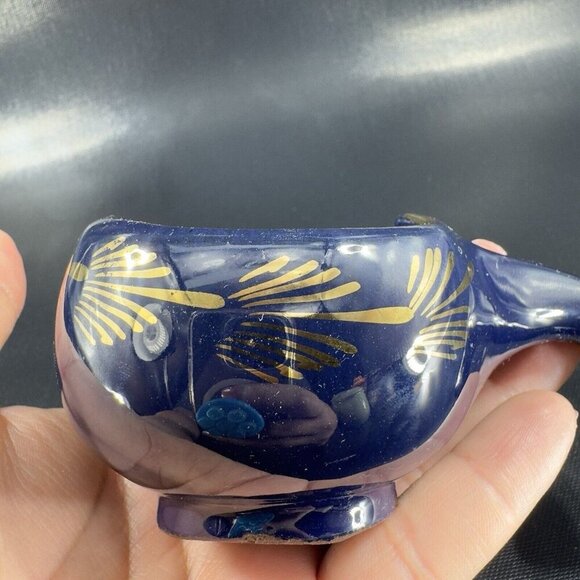 Vintage Pottery RedWare Pitcher Gravy Boat W Handle Hand Painted Cobalt Blue VTG - Picture 9 of 15